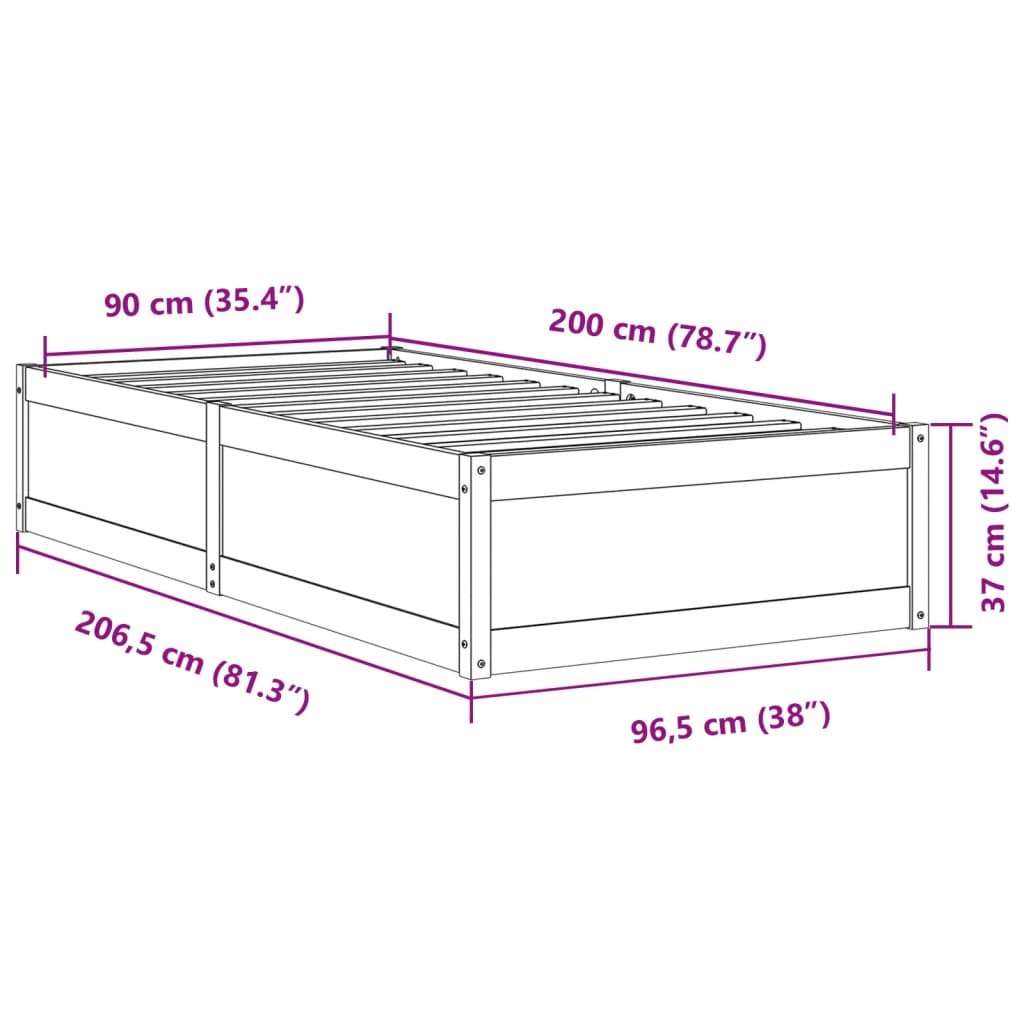 Bed Frame 90x200 cm Solid Wood Pine