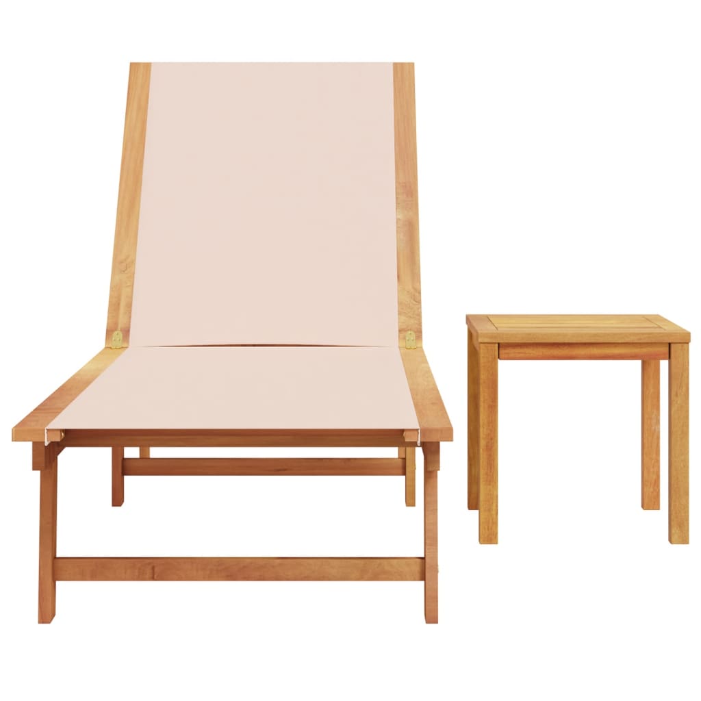 Sun Lounger with Table Cream Solid Wood Acacia and Textilene