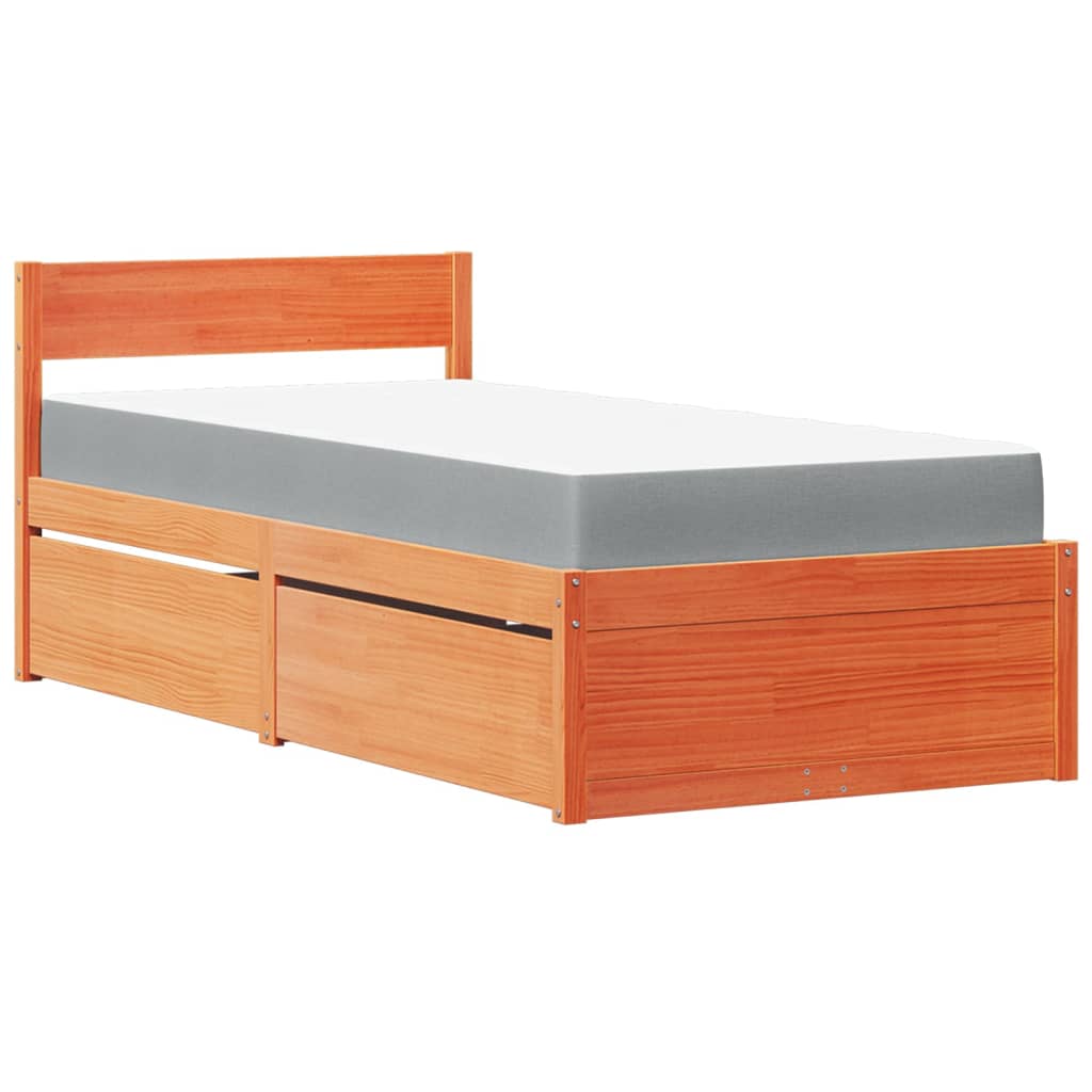 Bed with Drawers and Mattress Wax Brown 100x200 cm Solid Wood Pine