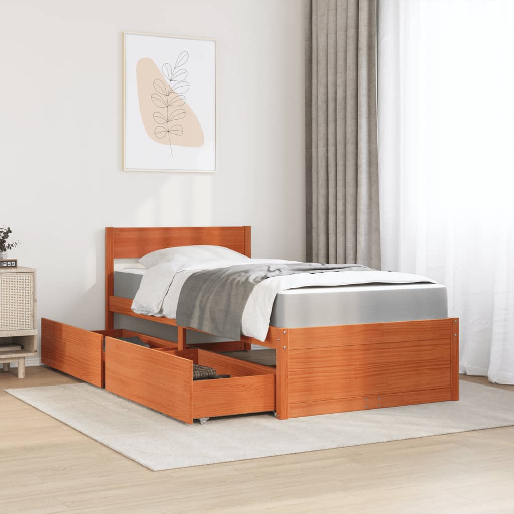 Bed with Drawers and Mattress Wax Brown 100x200 cm Solid Wood Pine