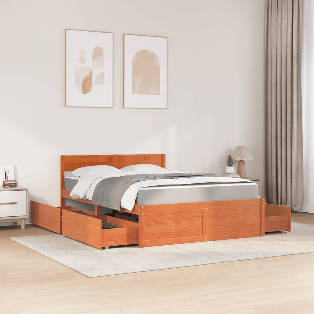 Bed with Drawers and Mattress Wax Brown 120x190 cm Small Double Solid Wood Pine