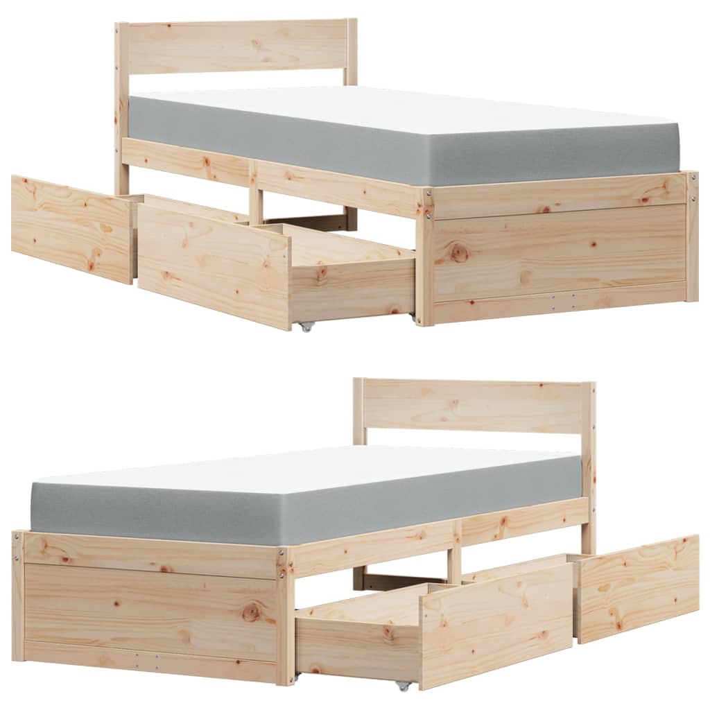 Bed with Drawers and Mattress 90x190 cm Single Solid Wood Pine