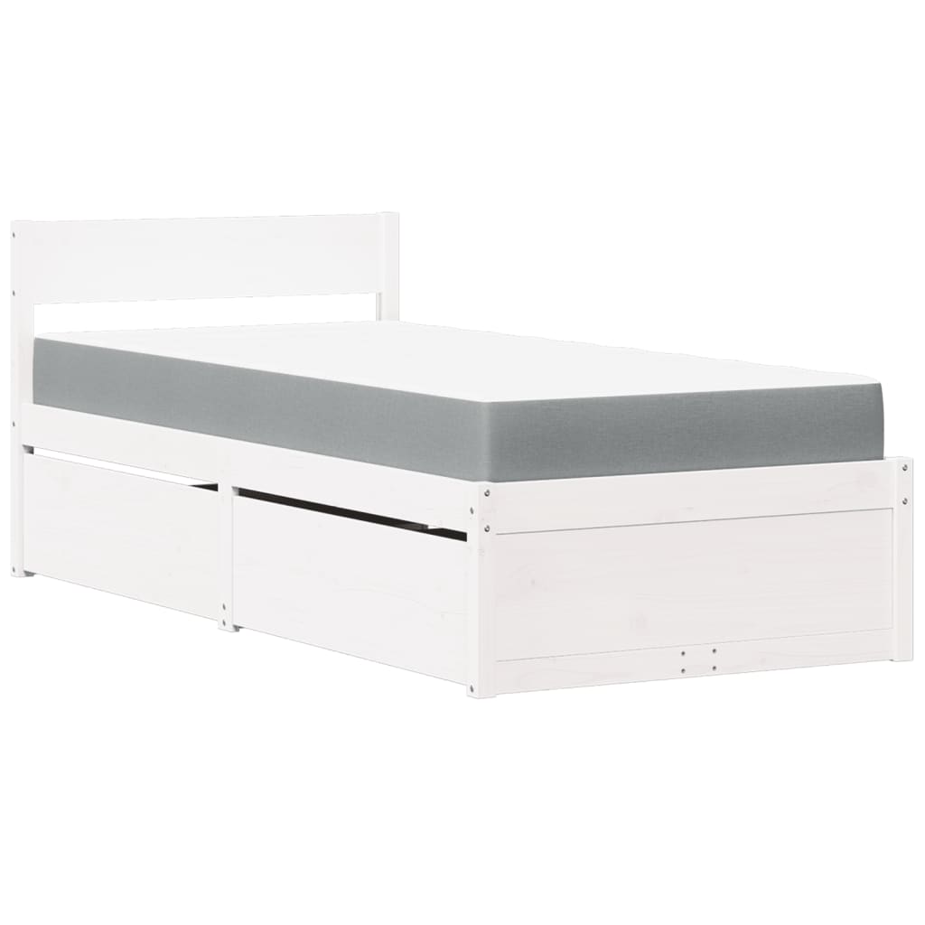 Bed with Drawers and Mattress White 90x190 cm Single Solid Wood Pine