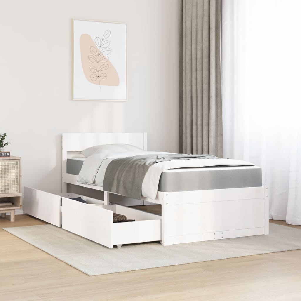 Bed with Drawers and Mattress White 90x190 cm Single Solid Wood Pine