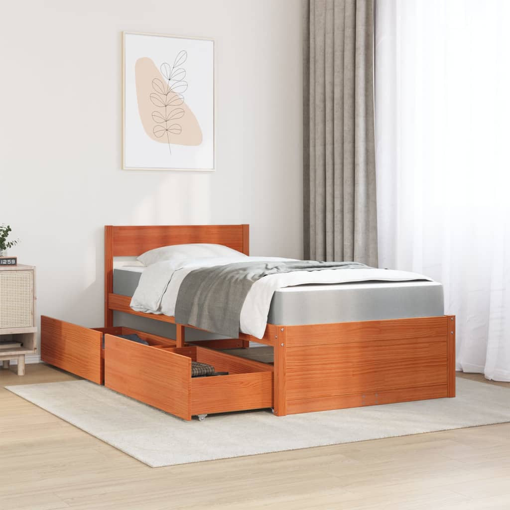 Bed with Drawers and Mattress Wax Brown 90x190 cm Single Solid Wood Pine