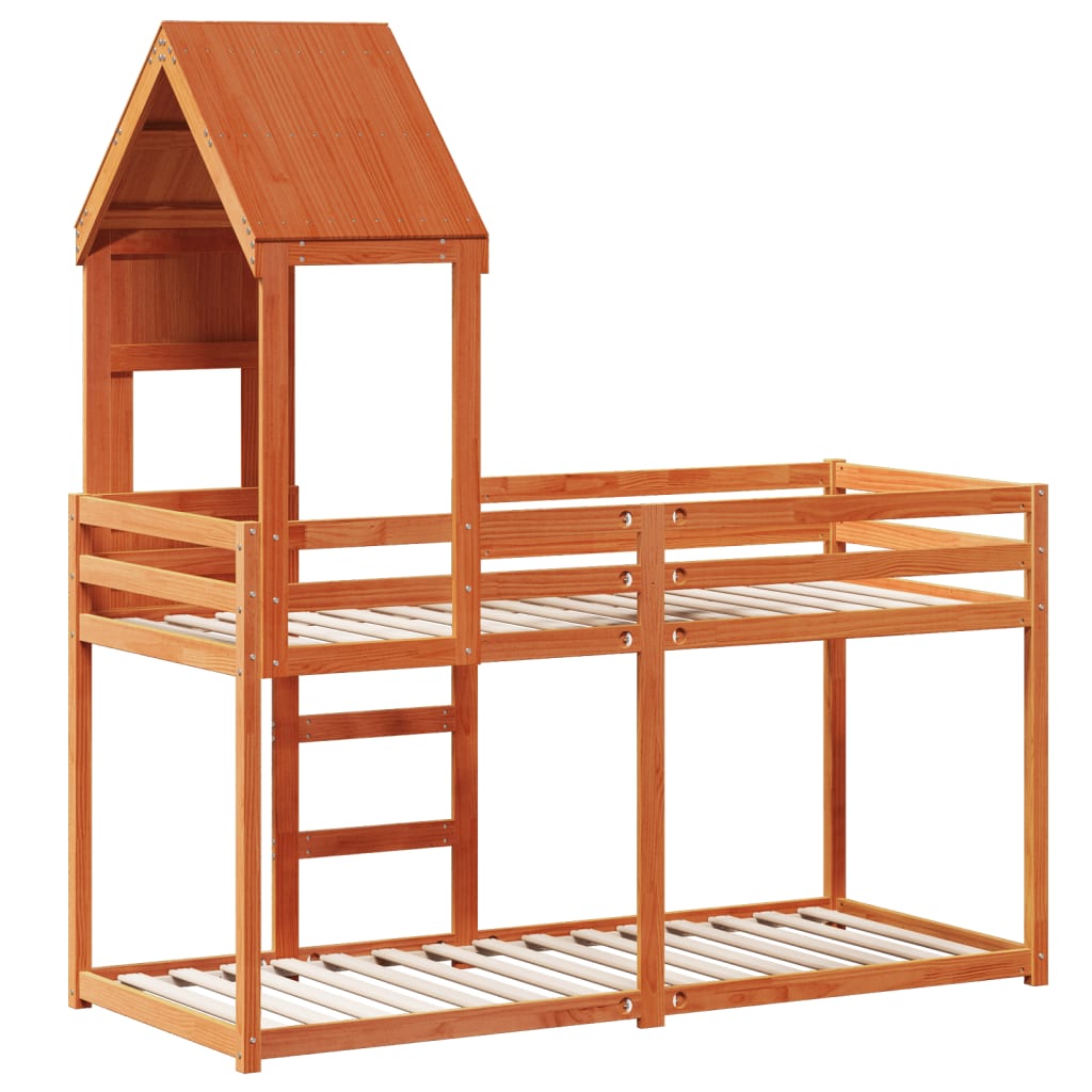 Bunk Bed with Roof Wax Brown 90x190 cm Solid Wood Pine