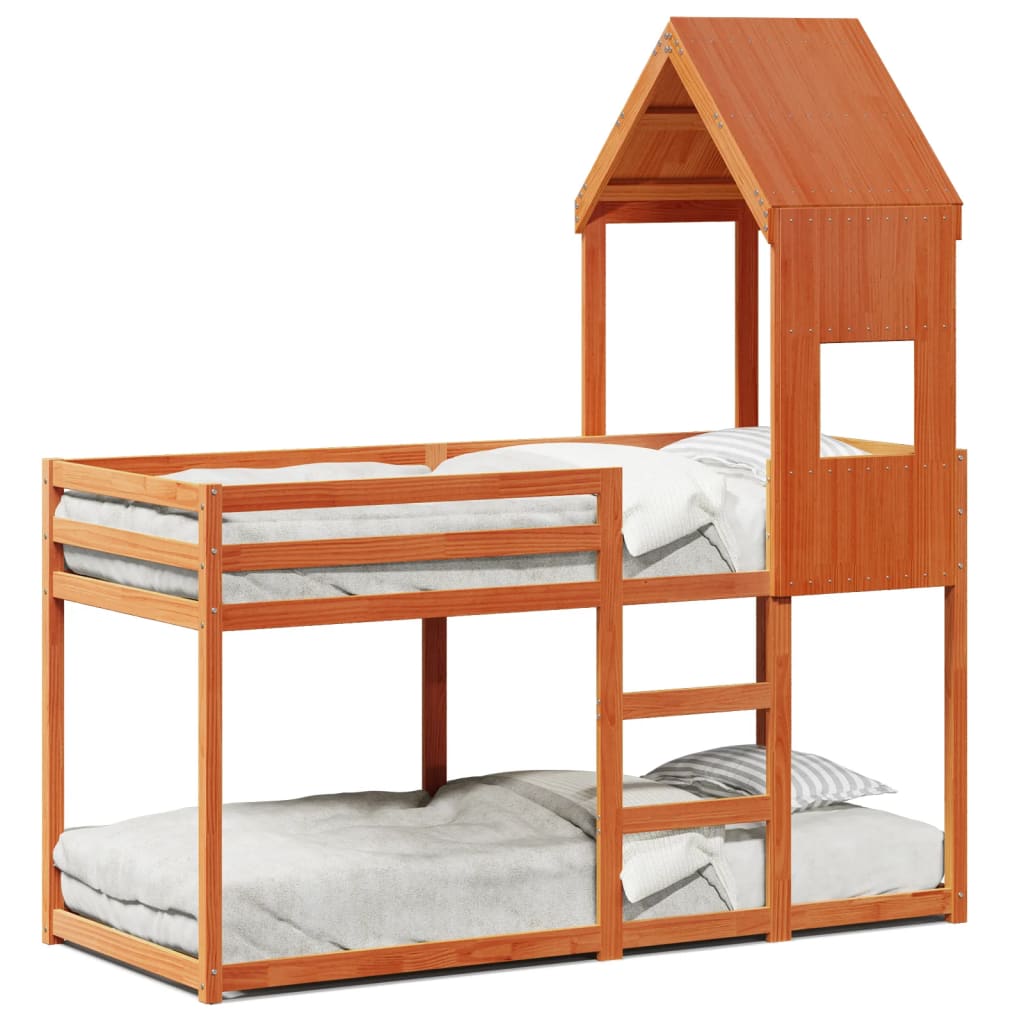 Bunk Bed with Roof Wax Brown 90x190 cm Solid Wood Pine