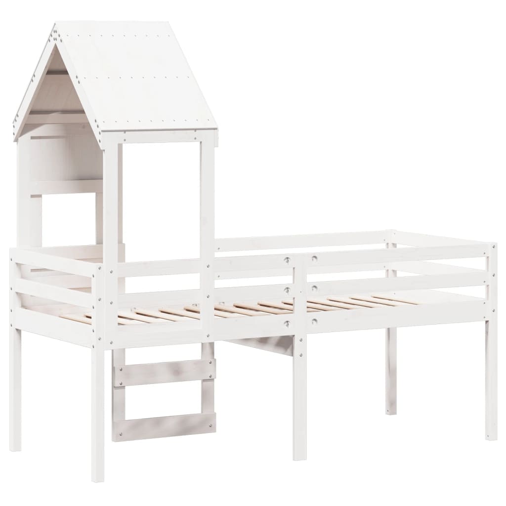 High Sleeper Bed with Roof White 90x190 cm Solid Wood Pine