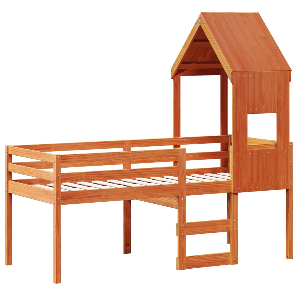 High Sleeper Bed with Roof Wax Brown 90x190 cm Solid Wood Pine