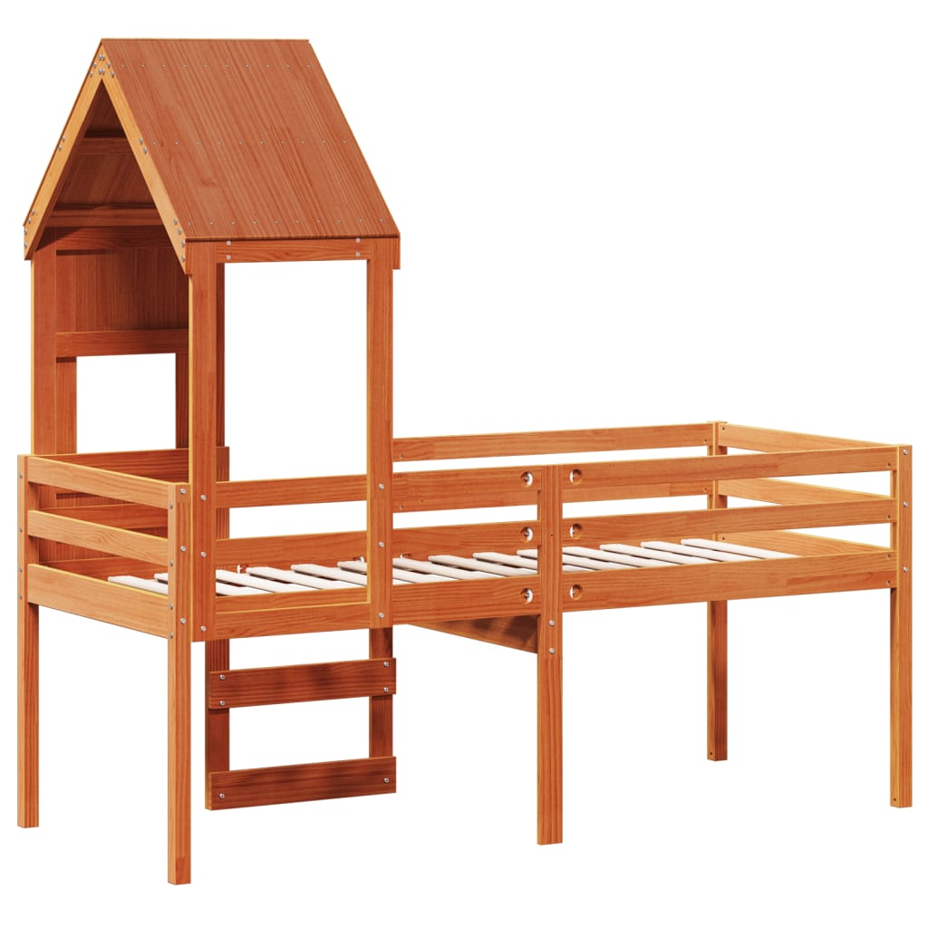 High Sleeper Bed with Roof Wax Brown 90x190 cm Solid Wood Pine