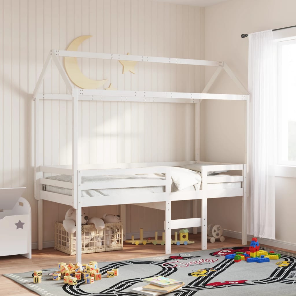 High Sleeper Bed with Roof White 90x190 cm Solid Wood Pine