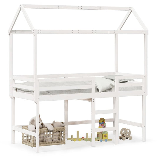 Loft Bed with Ladder and Roof White 90x200 cm Solid Wood Pine