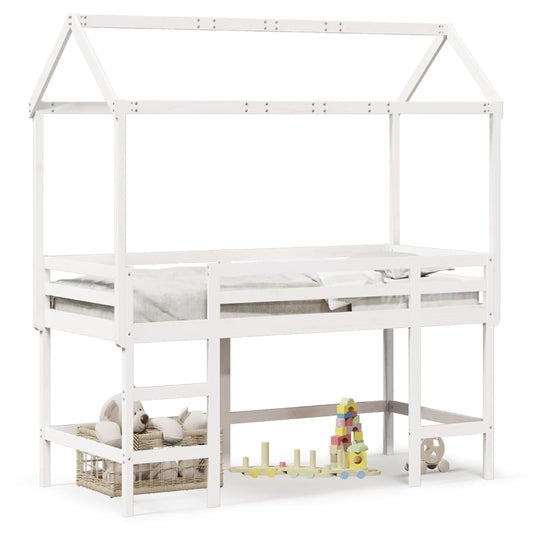 Loft Bed with Ladder and Roof White 90x200 cm Solid Wood Pine