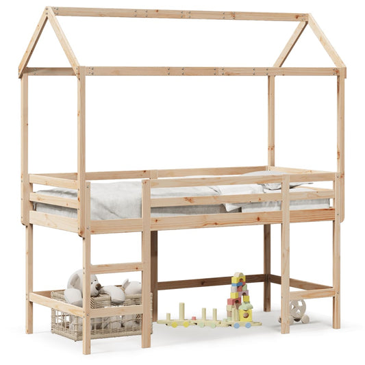 Loft Bed with Ladder and Roof 90x190 cm Solid Wood Pine