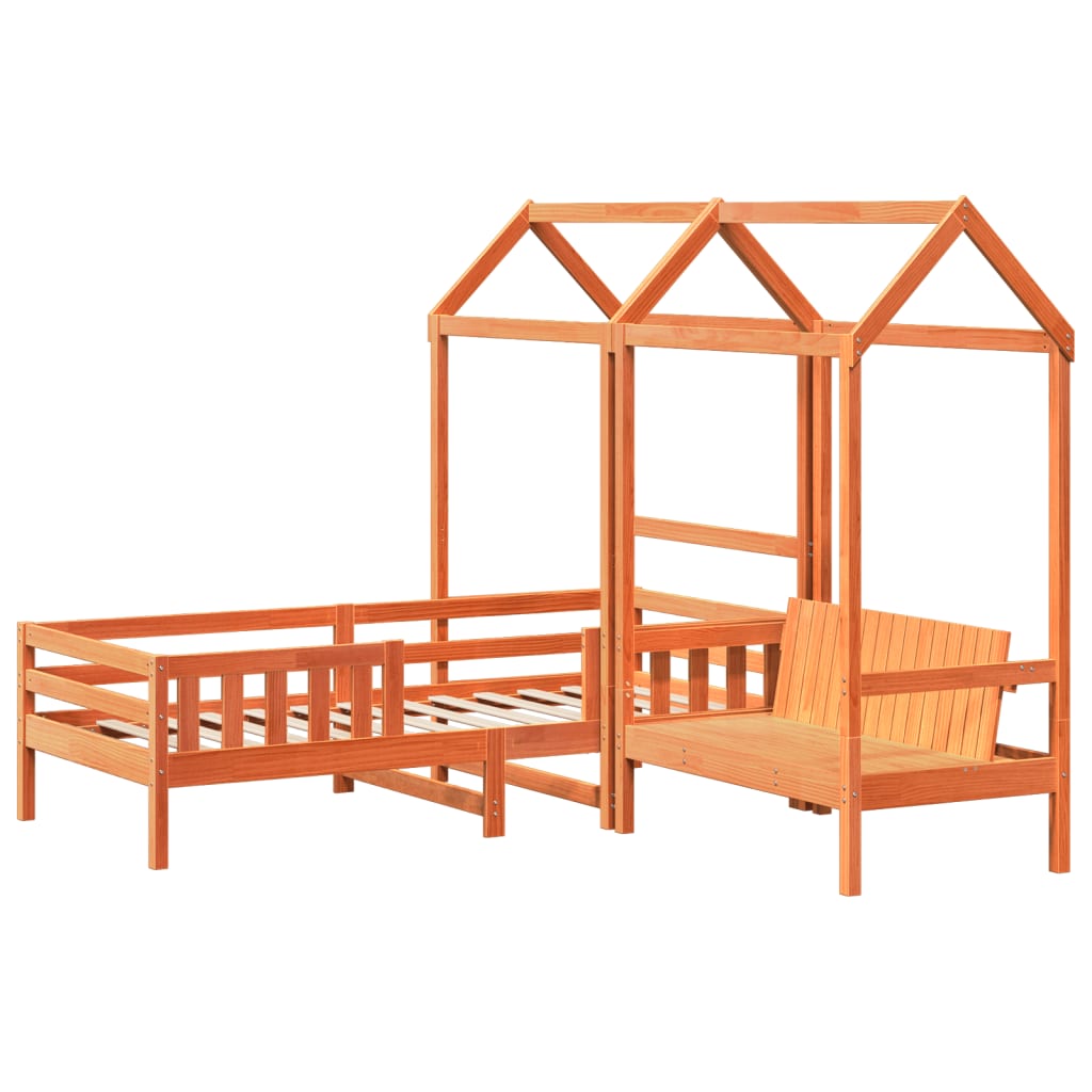 Bed and Bench Set with Roof Wax Brown 80x200 cm Solid Wood Pine