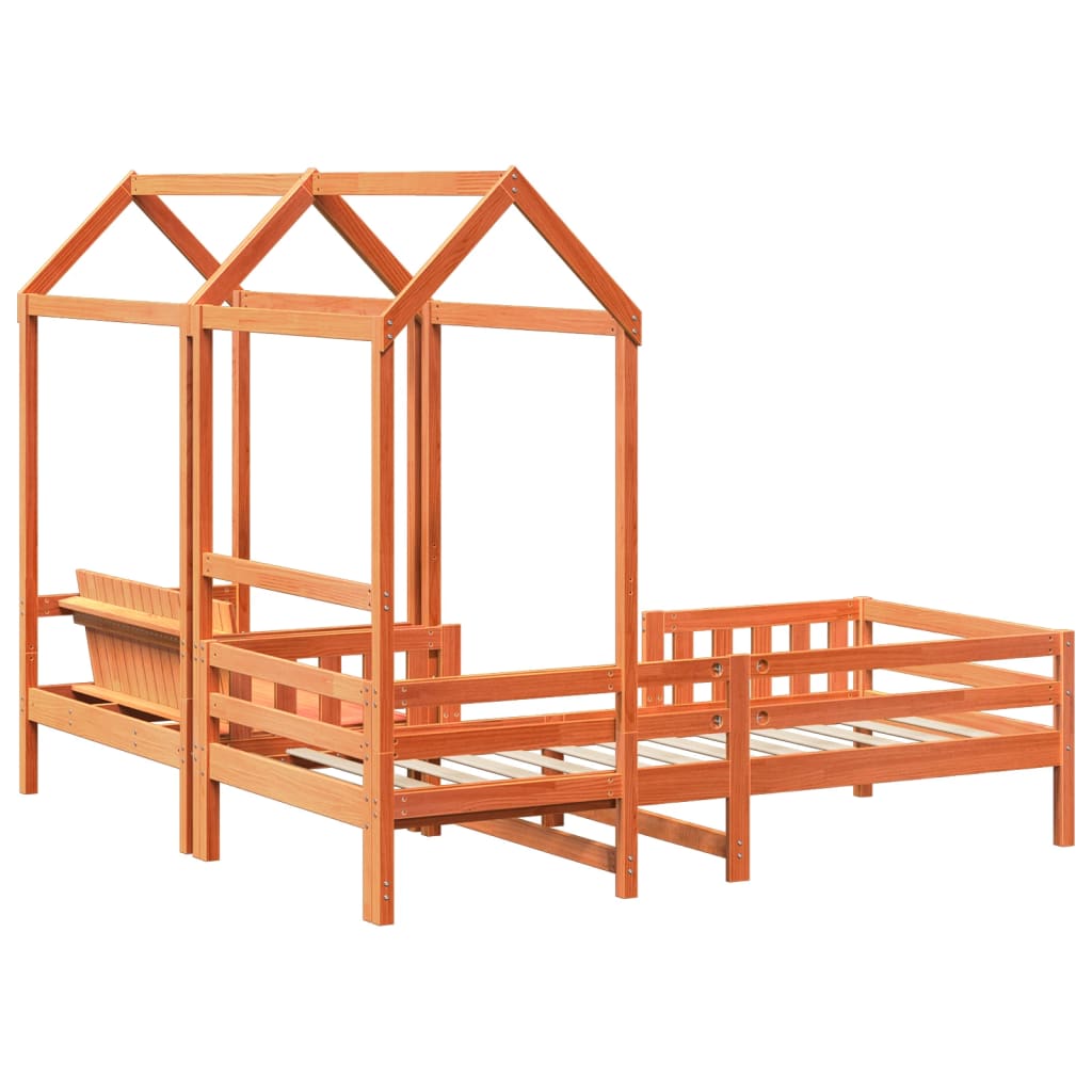 Bed and Bench Set with Roof Wax Brown 80x200 cm Solid Wood Pine