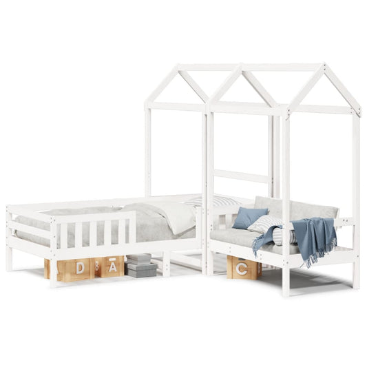 Bed and Bench Set with Roof White 90x190 cm Solid Wood Pine