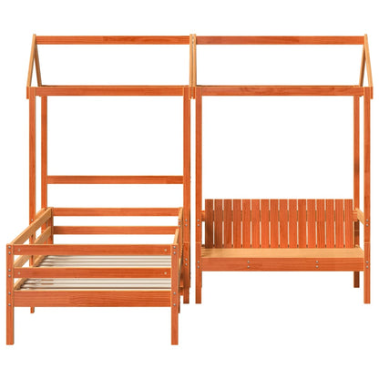 Bed and Bench Set with Roof Wax Brown 90x190 cm Solid Wood Pine