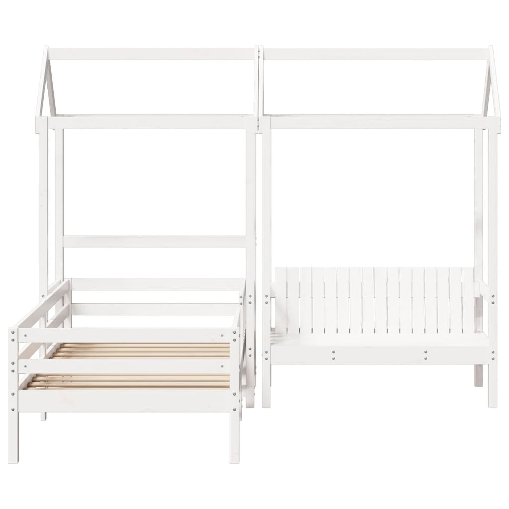 Bed and Bench Set with Roof White 75x190 cm Solid Wood Pine