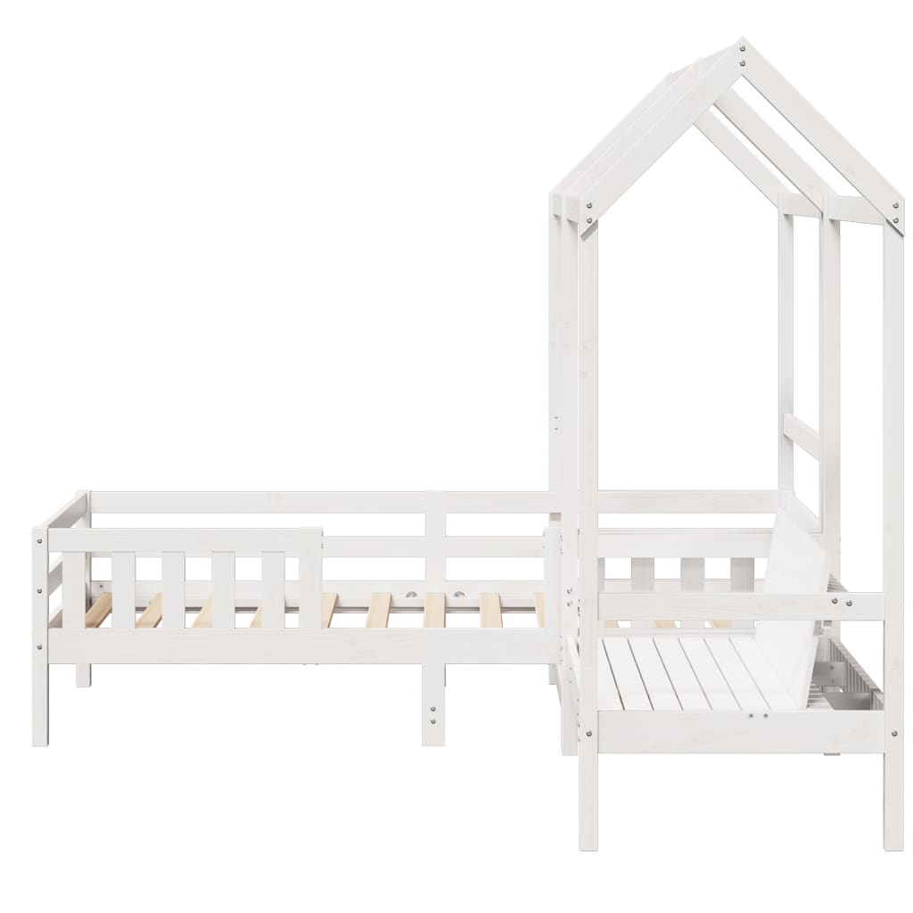 Bed and Bench Set with Roof White 75x190 cm Solid Wood Pine