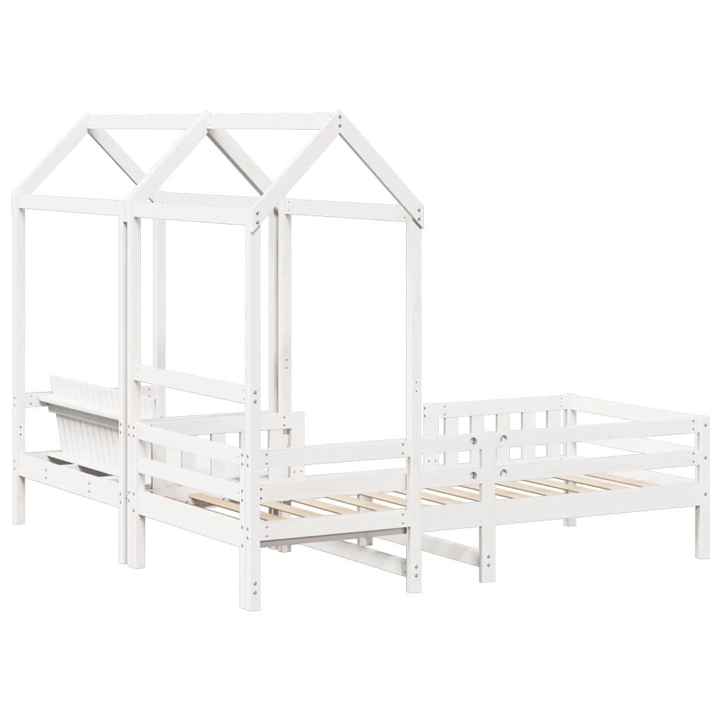 Bed and Bench Set with Roof White 75x190 cm Solid Wood Pine