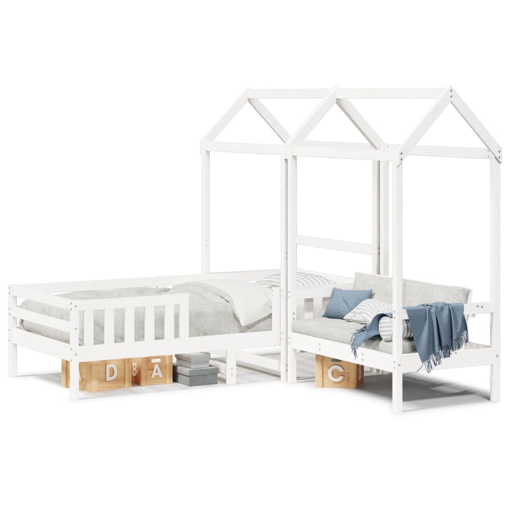 Bed and Bench Set with Roof White 75x190 cm Solid Wood Pine