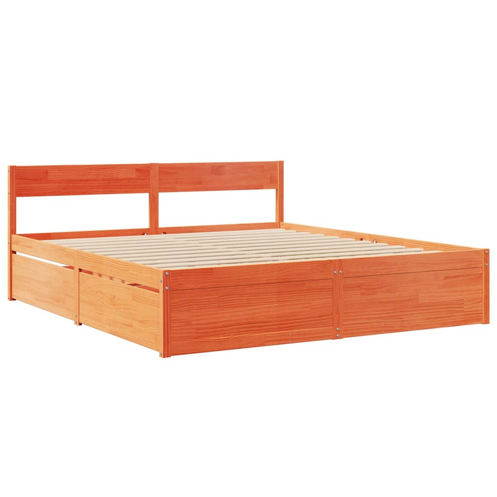 Bed Frame with Drawers Wax Brown 200x200 cm Solid Wood Pine