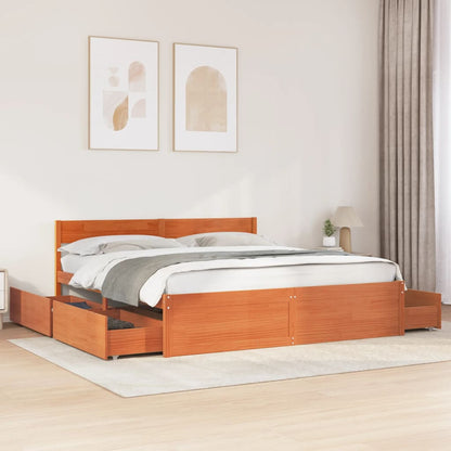 Bed Frame with Drawers Wax Brown 200x200 cm Solid Wood Pine