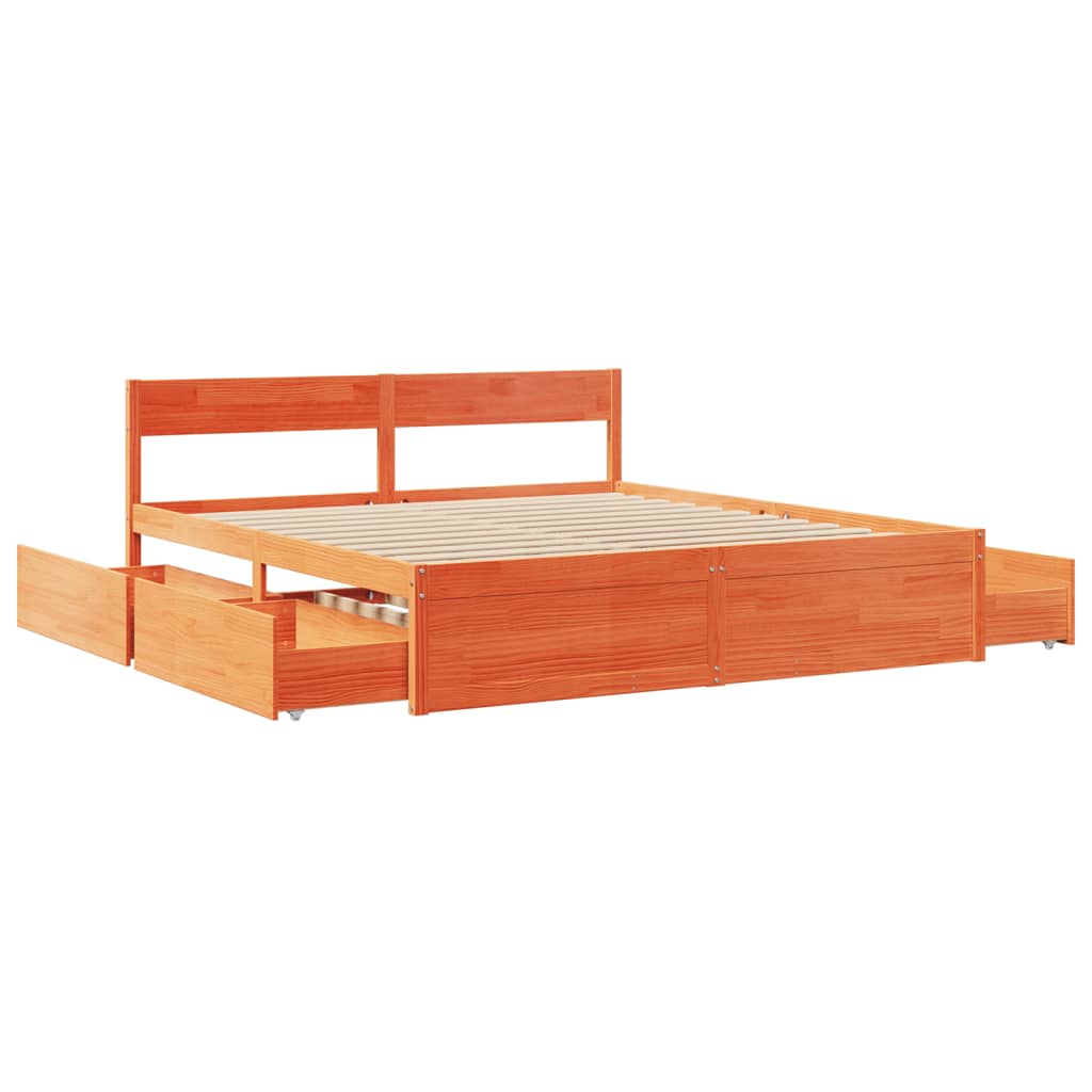 Bed Frame with Drawers Wax Brown 200x200 cm Solid Wood Pine