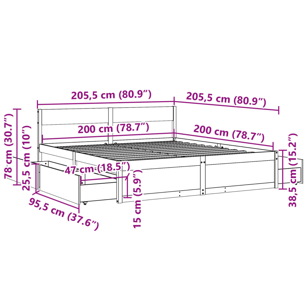 Bed Frame with Drawers Wax Brown 200x200 cm Solid Wood Pine