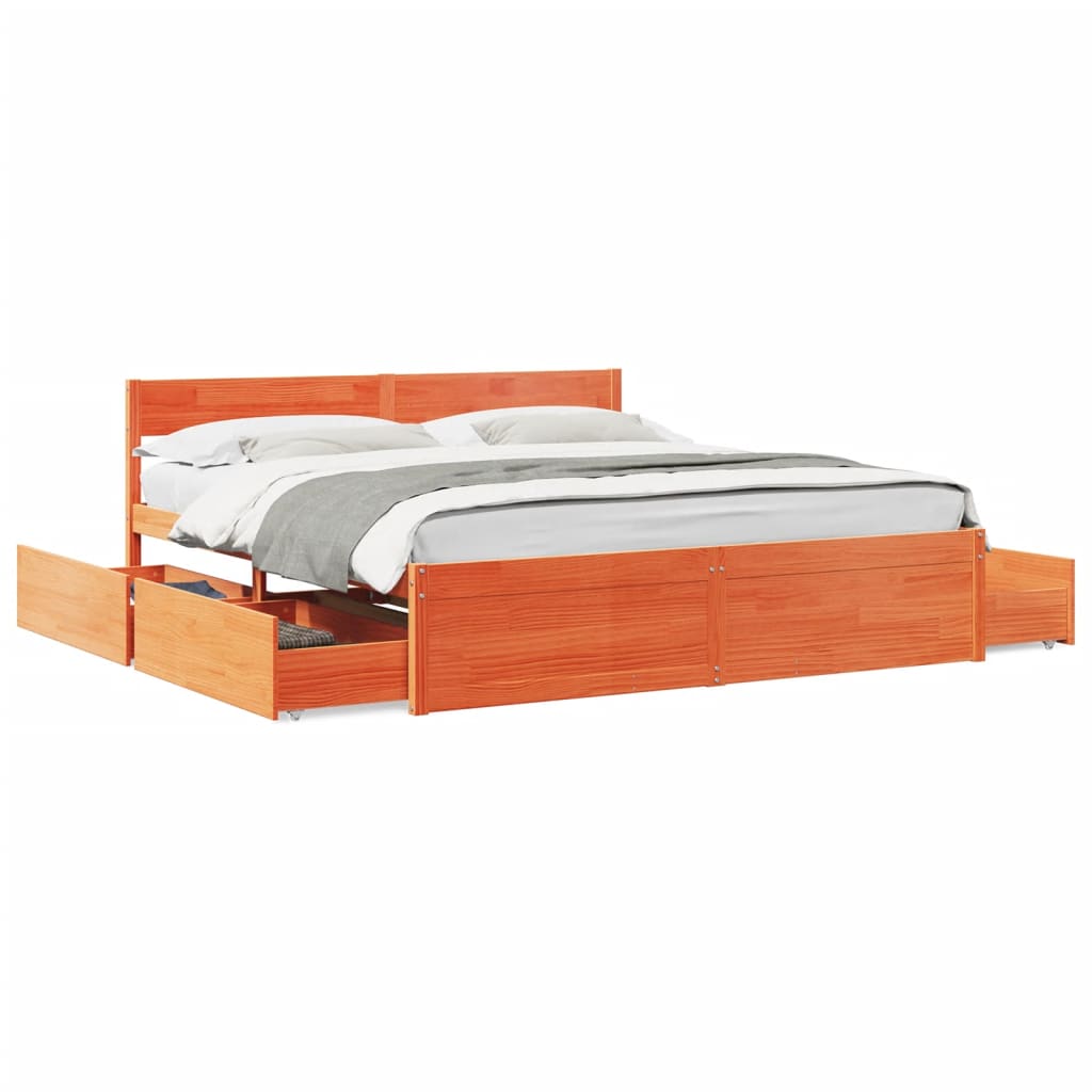 Bed Frame with Drawers Wax Brown 200x200 cm Solid Wood Pine