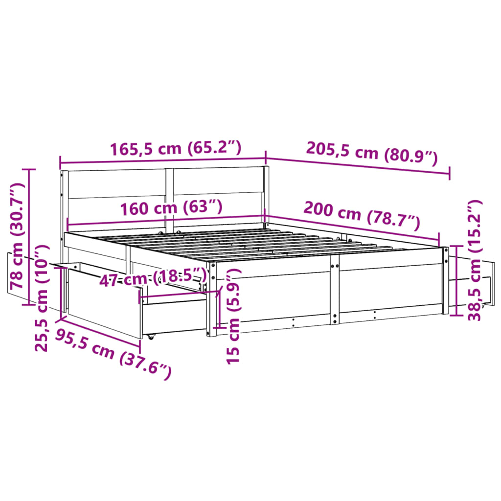 Bed Frame with Drawers White 160x200 cm Solid Wood Pine