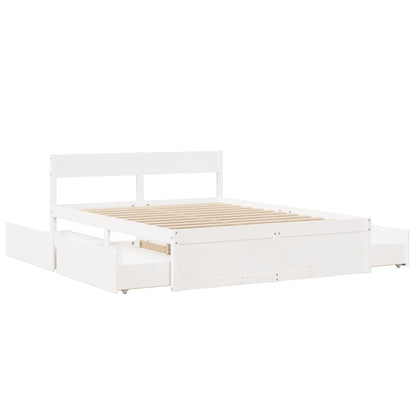 Bed Frame with Drawers White 150x200 cm King Size Solid Wood Pine