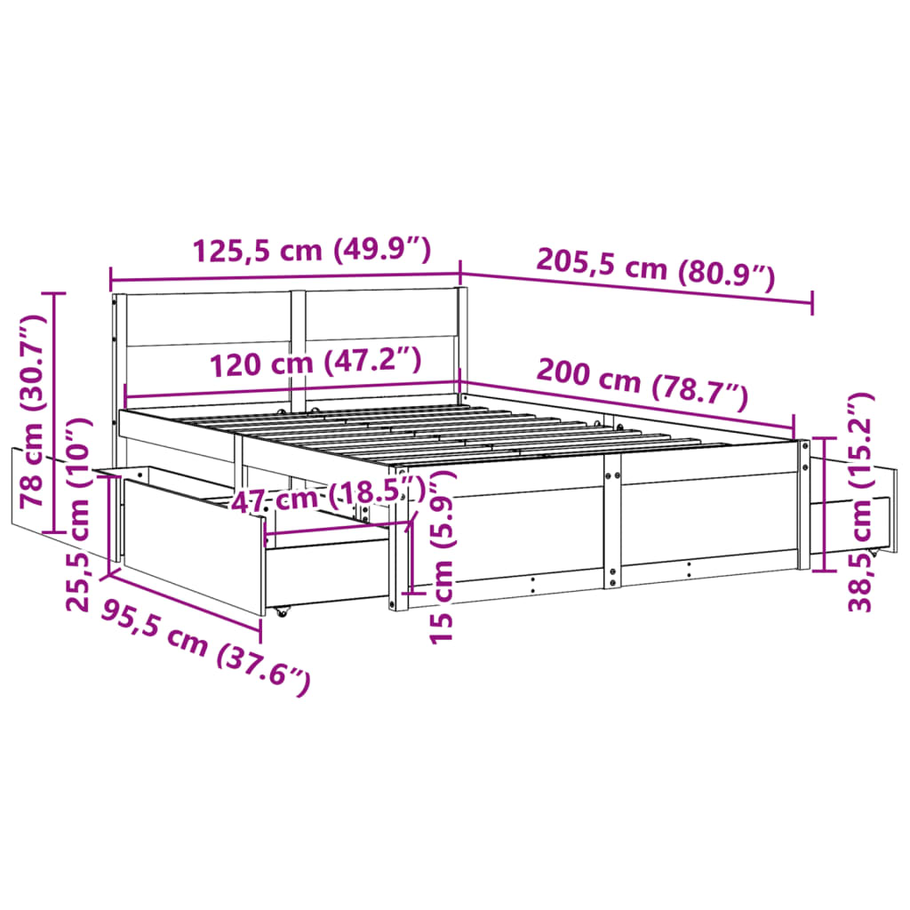 Bed Frame with Drawers 120x200 cm Solid Wood Pine