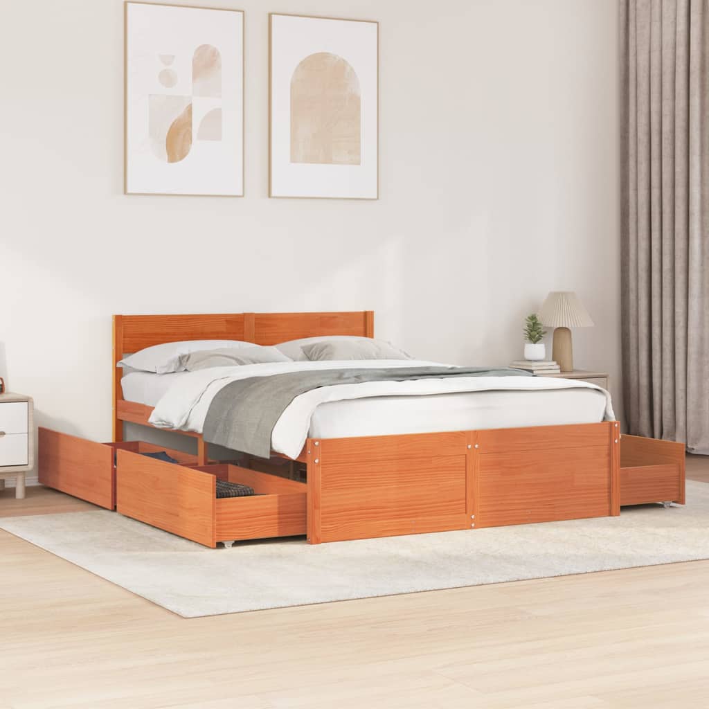 Bed Frame with Drawers Wax Brown 120x200 cm Solid Wood Pine