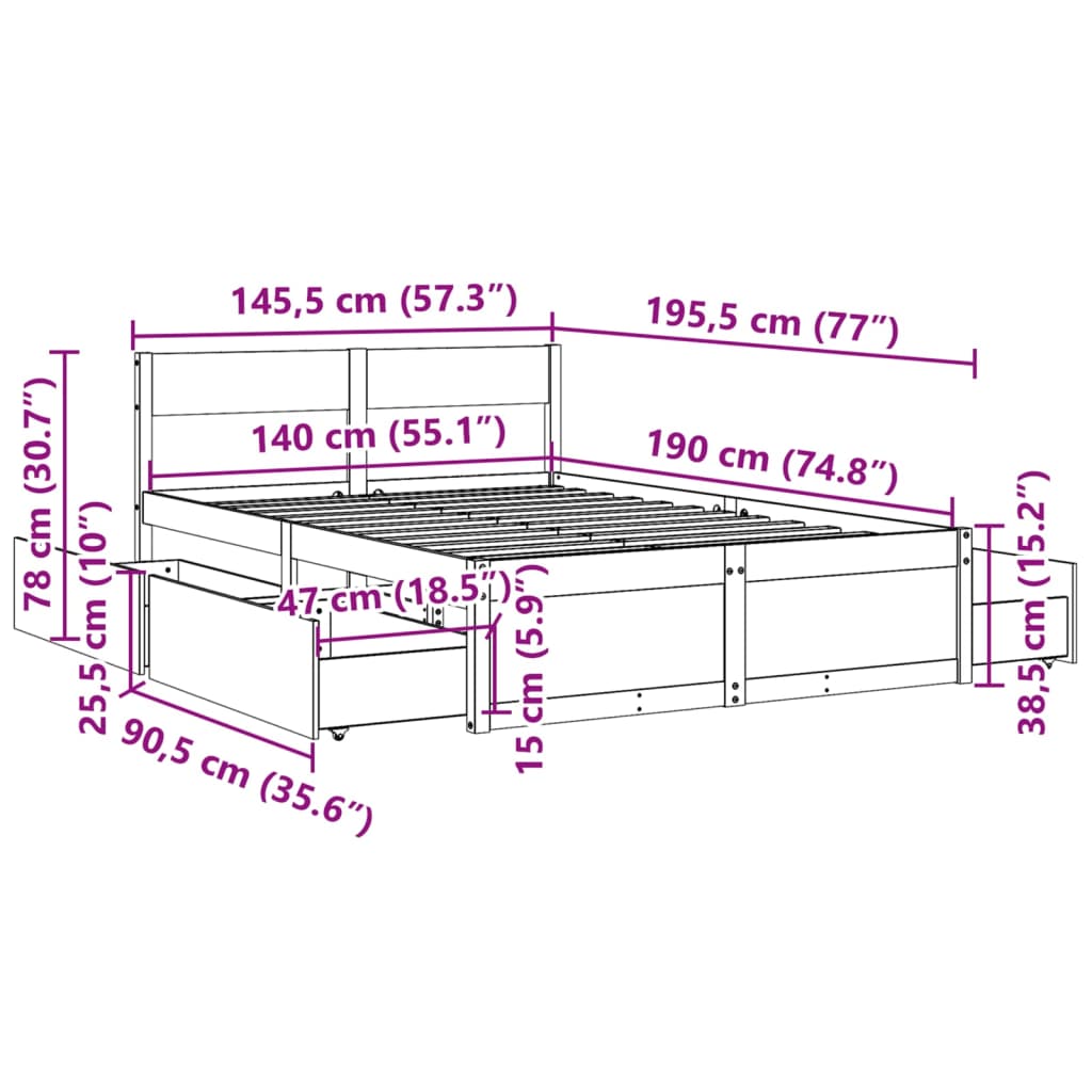 Bed Frame with Drawers 140x190 cm Solid Wood Pine