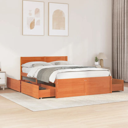 Bed Frame with Drawers Wax Brown 140x190 cm Solid Wood Pine