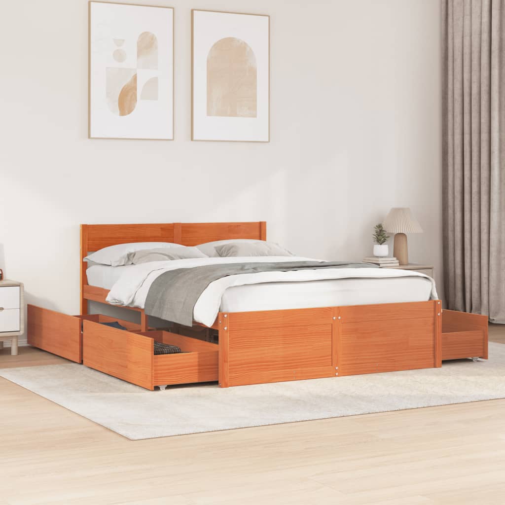 Bed Frame with Drawers Wax Brown 135x190 cm Double Solid Wood Pine