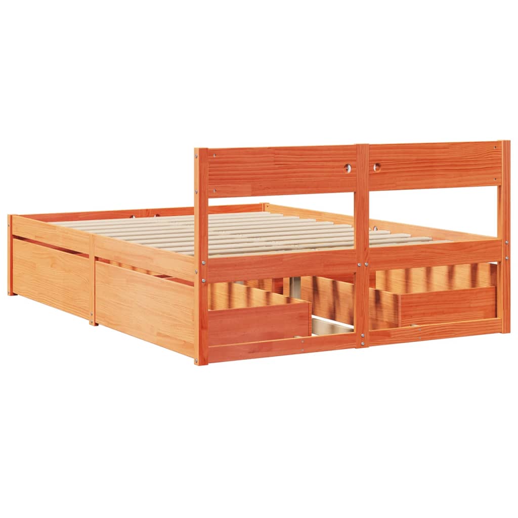 Bed Frame with Drawers Wax Brown 135x190 cm Double Solid Wood Pine