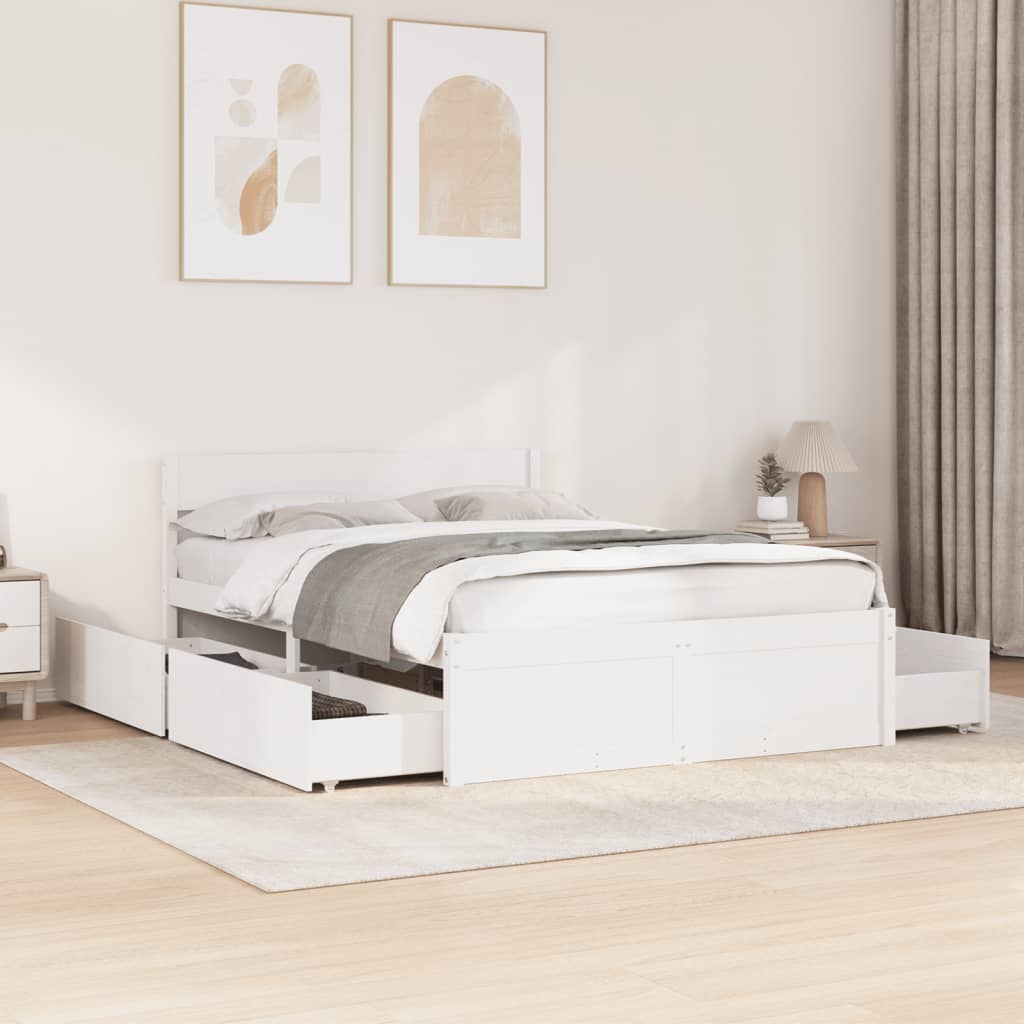 Bed Frame with Drawers White 120x190 cm Small Double Solid Wood Pine