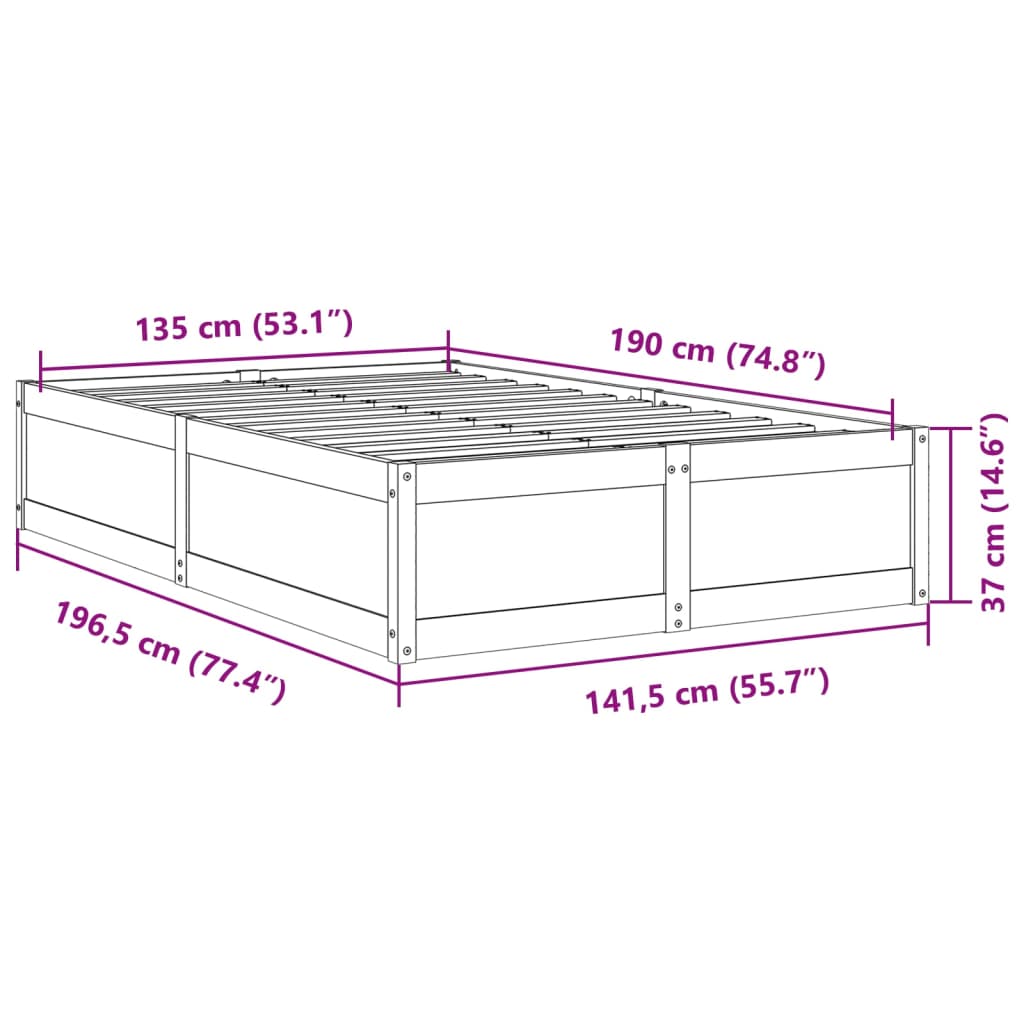 Bed Frame White 135x190 cm Double Solid Wood Pine