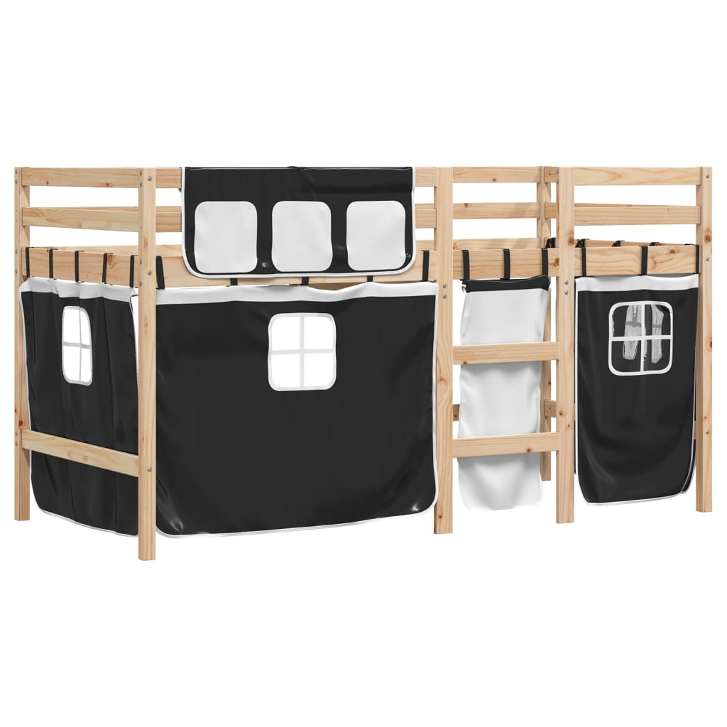 Kids' Loft Bed with Curtains White&Black 80x200 cm Solid Wood Pine