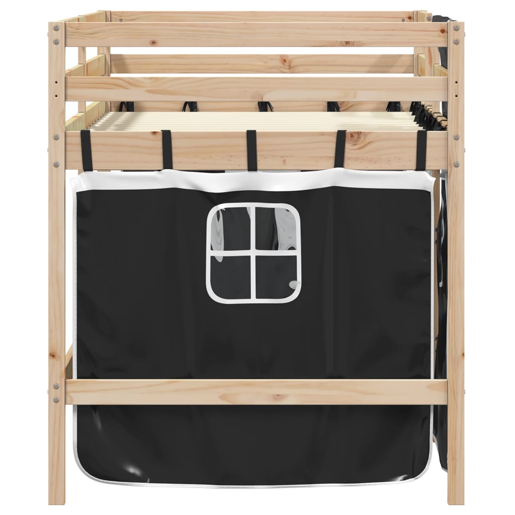 Kids' Loft Bed with Curtains White&Black 80x200 cm Solid Wood Pine