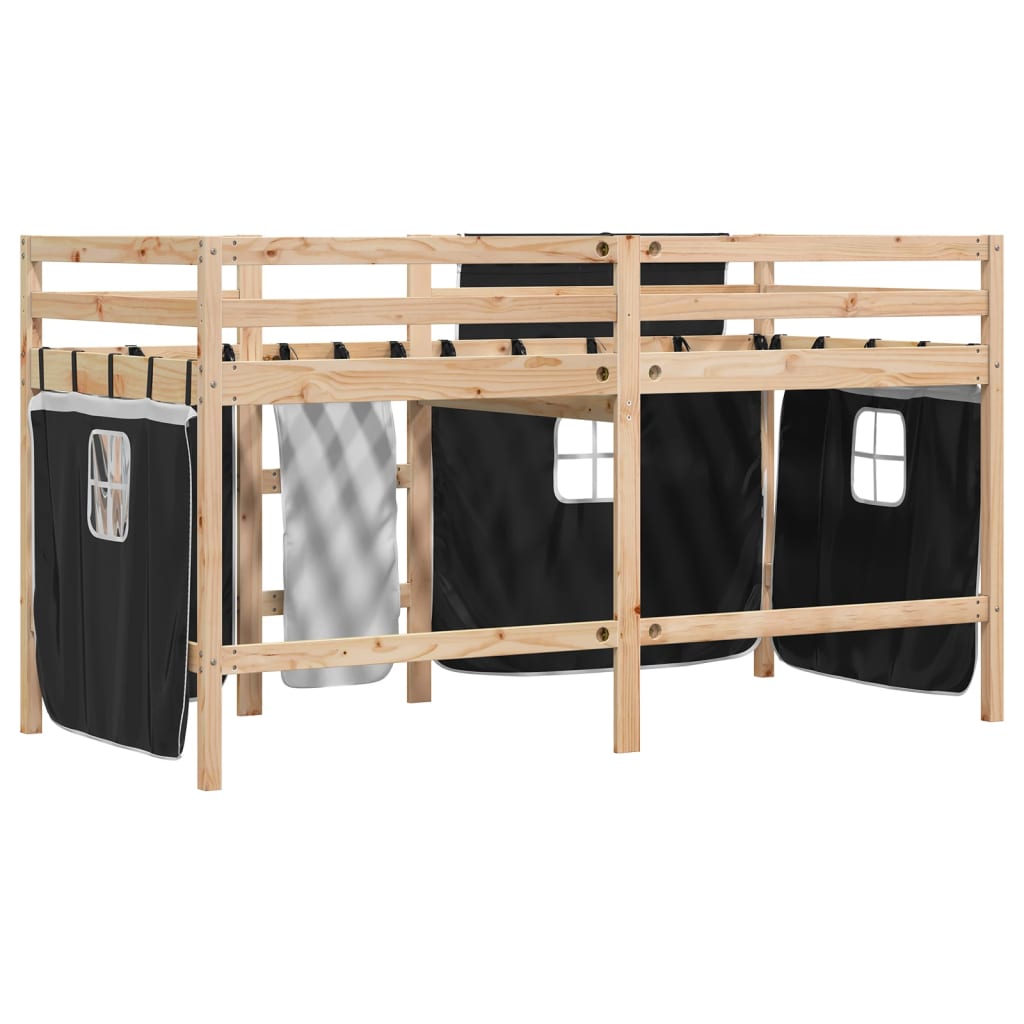 Kids' Loft Bed with Curtains White&Black 80x200 cm Solid Wood Pine