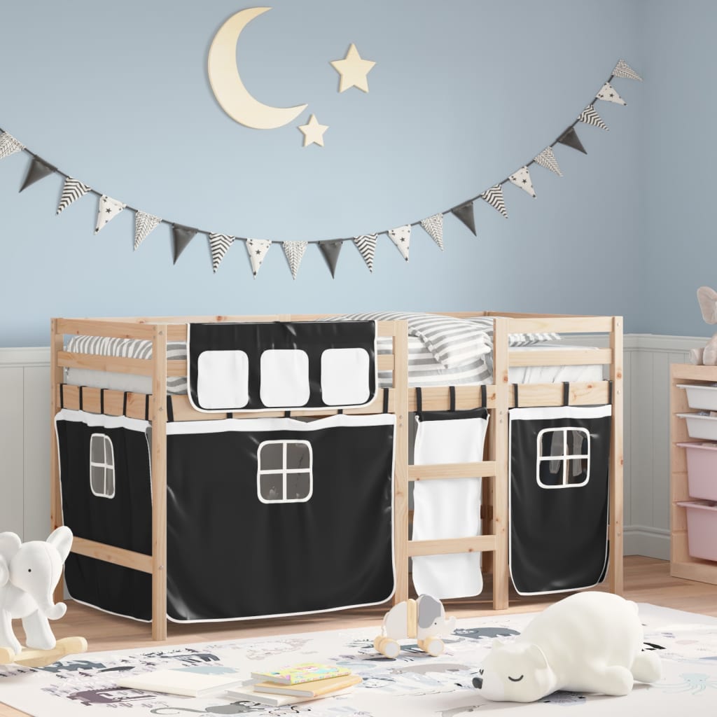 Kids' Loft Bed with Curtains White&Black 80x200 cm Solid Wood Pine