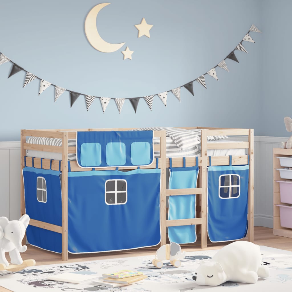 Kids' Loft Bed with Curtains Blue 80x200 cm Solid Wood Pine