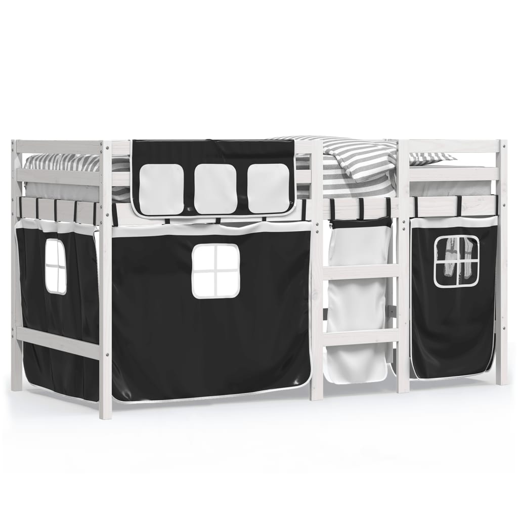 Kids' Loft Bed with Curtains White&Black 80x200 cm Solid Wood Pine