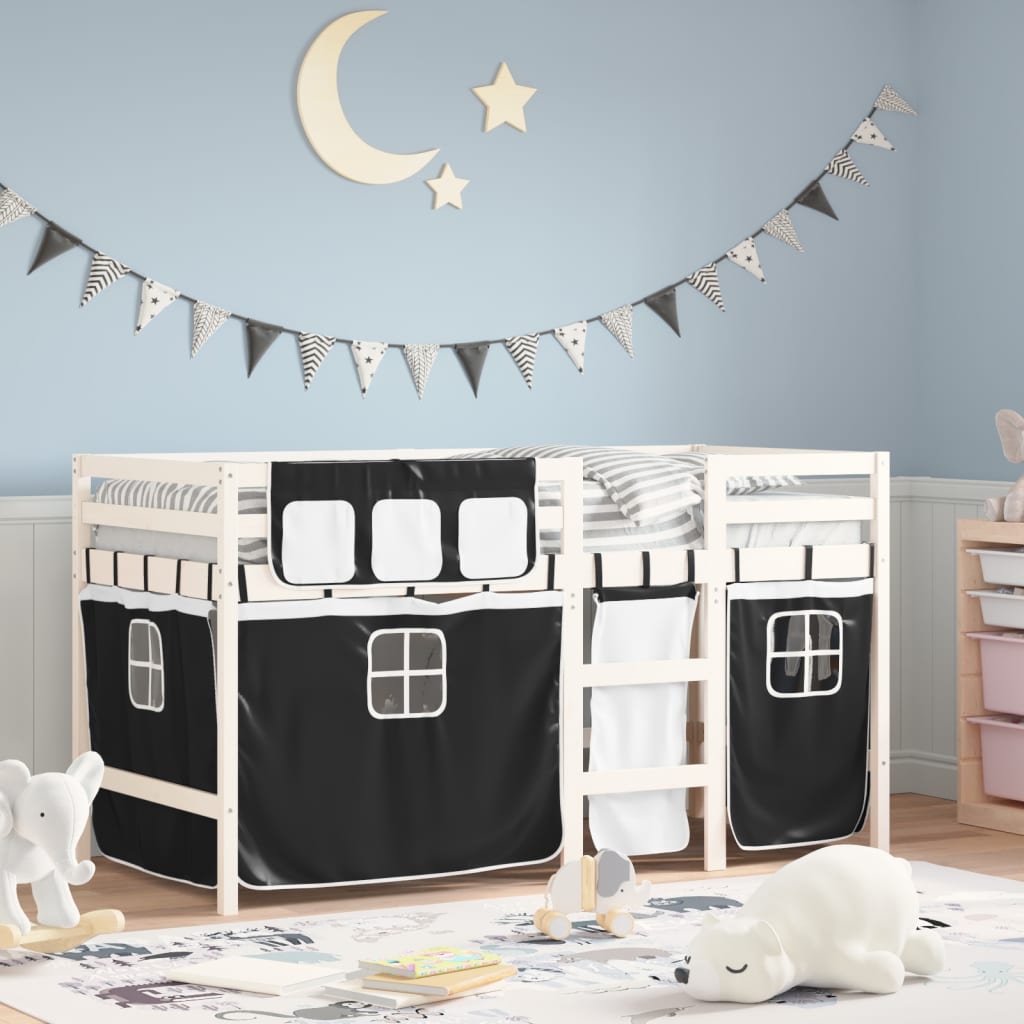 Kids' Loft Bed with Curtains White&Black 80x200 cm Solid Wood Pine