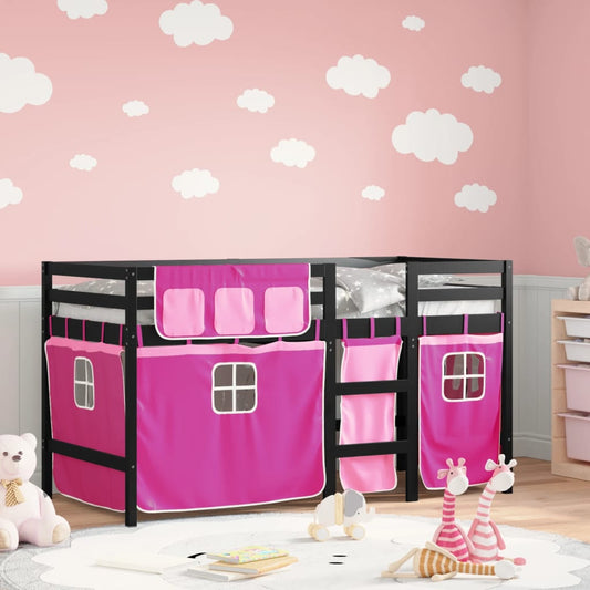 Kids' Loft Bed with Curtains Pink 80x200 cm Solid Wood Pine