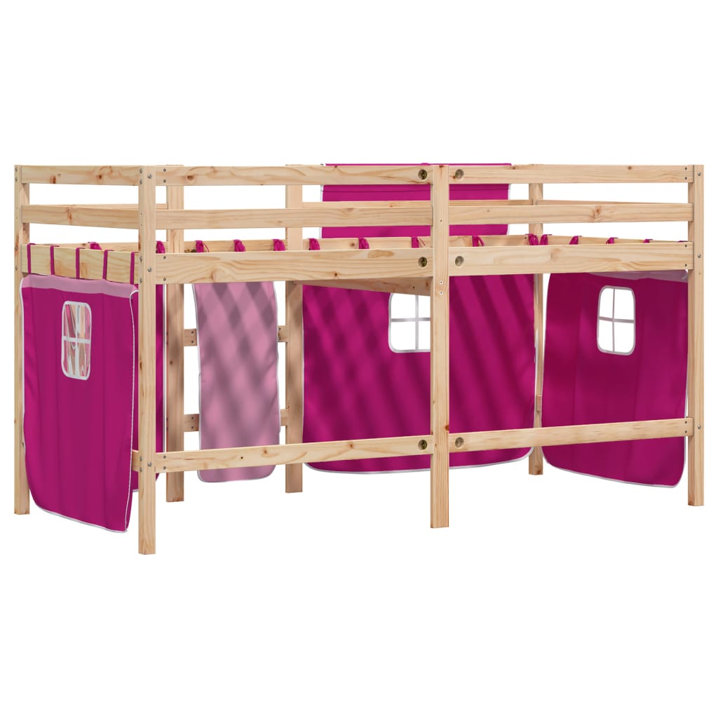 Kids' Loft Bed with Curtains Pink 90x200 cm Solid Wood Pine